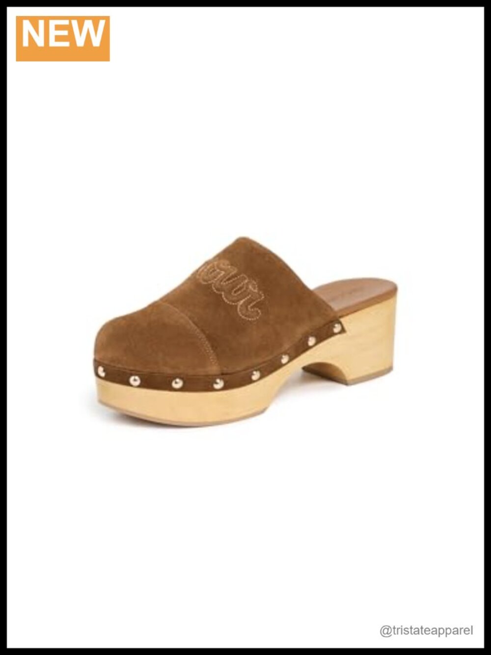 Studded Suede Clogs Embroidered Round Toe Pull-On Heeled Mules